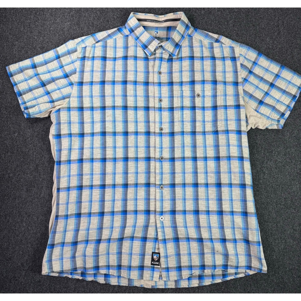 Kuhl Light Blue Plaid Mens Size Large Polyester Short Sleeve Button Up Shirt